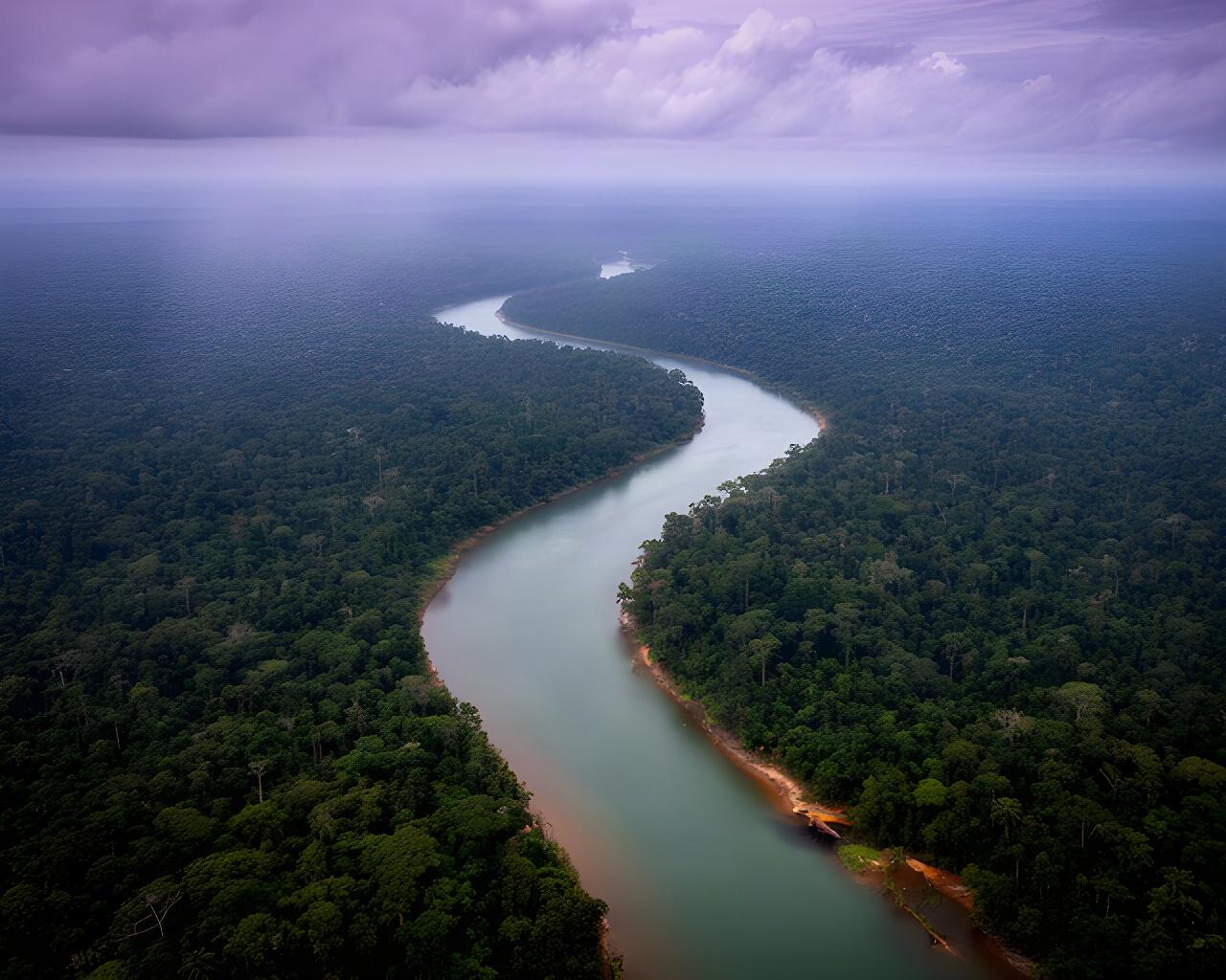 Vista aerea della foresta amazzonica attraversata da un fiume vicino alla fascia equatoriale