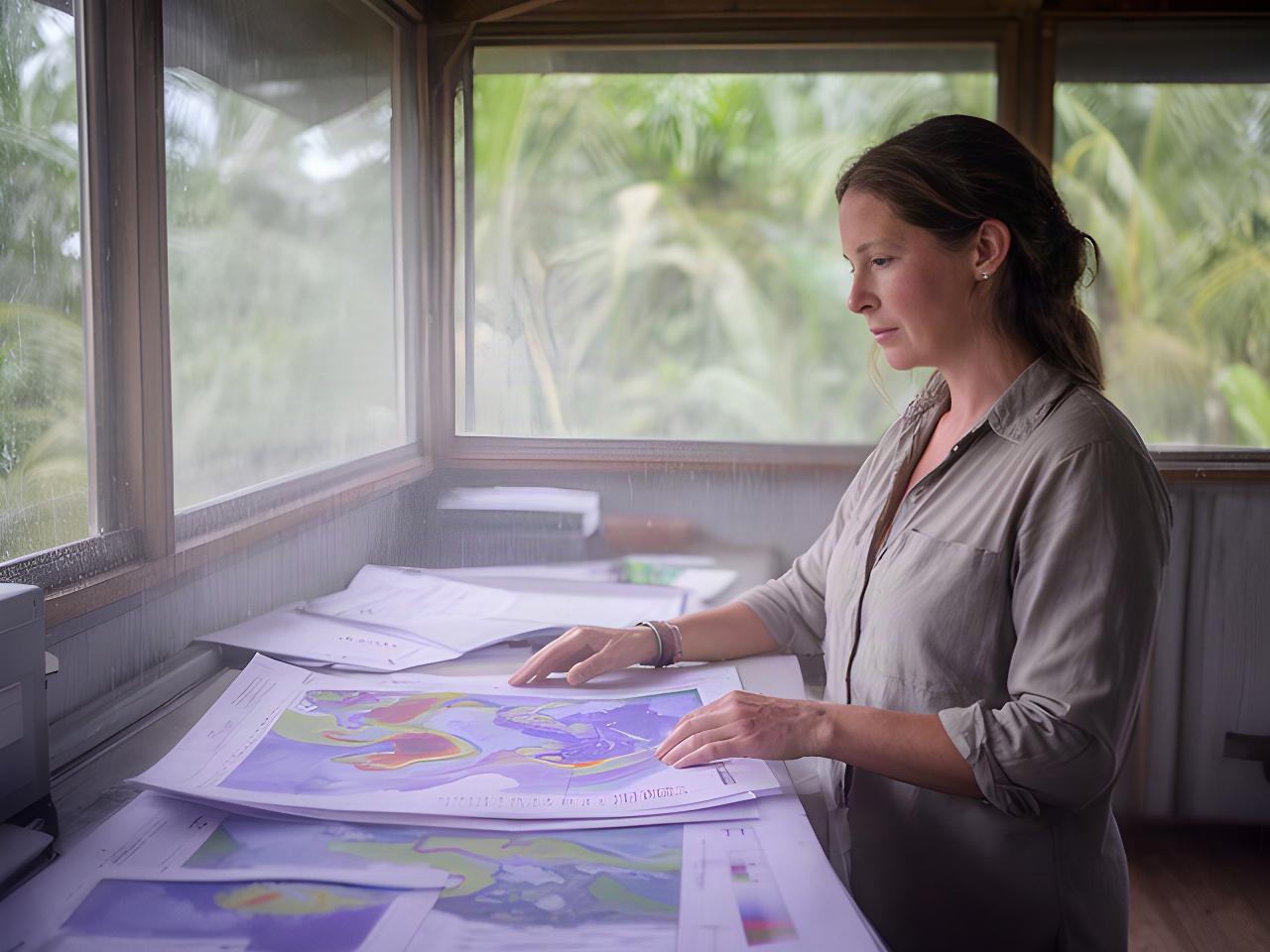 Ricercatrice che analizza mappe climatiche e serie di precipitazioni in una stazione di ricerca equatoriale